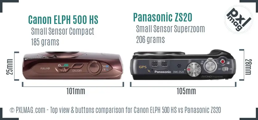 Canon ELPH 500 HS vs Panasonic ZS20 top view buttons comparison Canon ELPH 500 HS vs Panasonic ZS20 top view buttons comparison