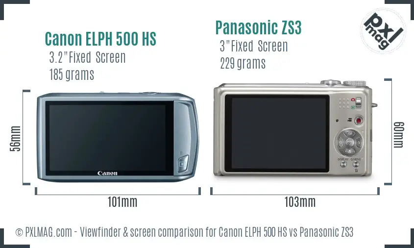 Canon ELPH 500 HS vs Panasonic ZS3 Screen and Viewfinder comparison