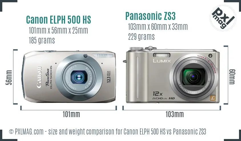 Canon ELPH 500 HS vs Panasonic ZS3 size comparison