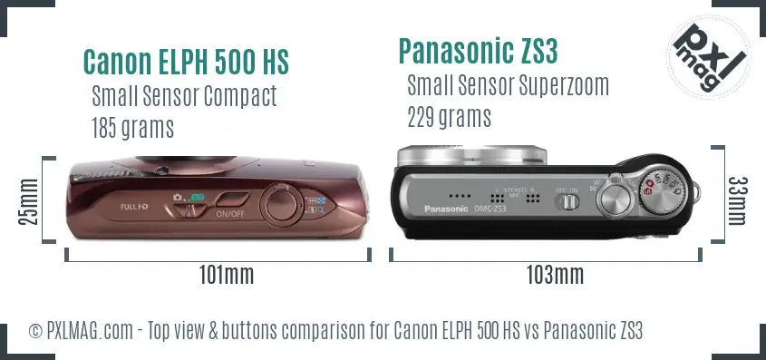 Canon ELPH 500 HS vs Panasonic ZS3 top view buttons comparison