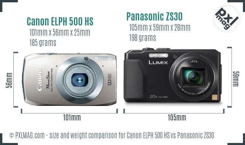 Canon ELPH 500 HS vs Panasonic ZS30 size comparison Canon ELPH 500 HS vs Panasonic ZS30 size comparison