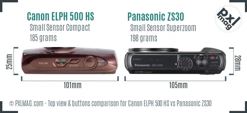 Canon ELPH 500 HS vs Panasonic ZS30 top view buttons comparison