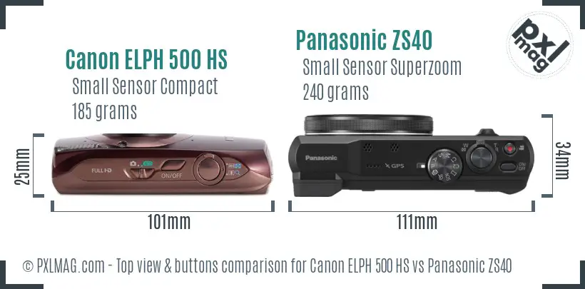 Canon ELPH 500 HS vs Panasonic ZS40 top view buttons comparison
