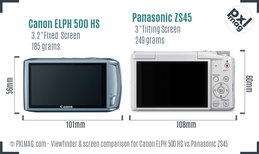 Canon ELPH 500 HS vs Panasonic ZS45 Screen and Viewfinder comparison