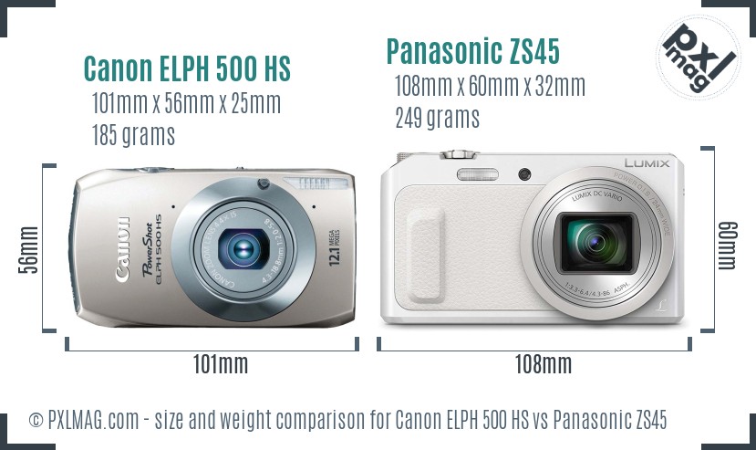 Canon ELPH 500 HS vs Panasonic ZS45 size comparison Canon ELPH 500 HS vs Panasonic ZS45 size comparison