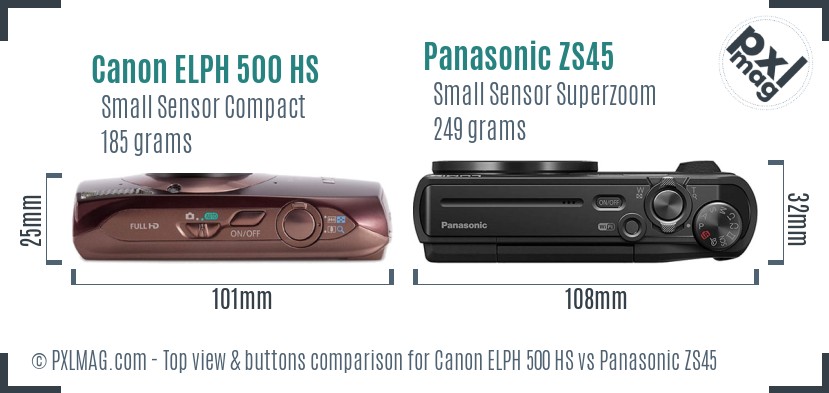 Canon ELPH 500 HS vs Panasonic ZS45 top view buttons comparison