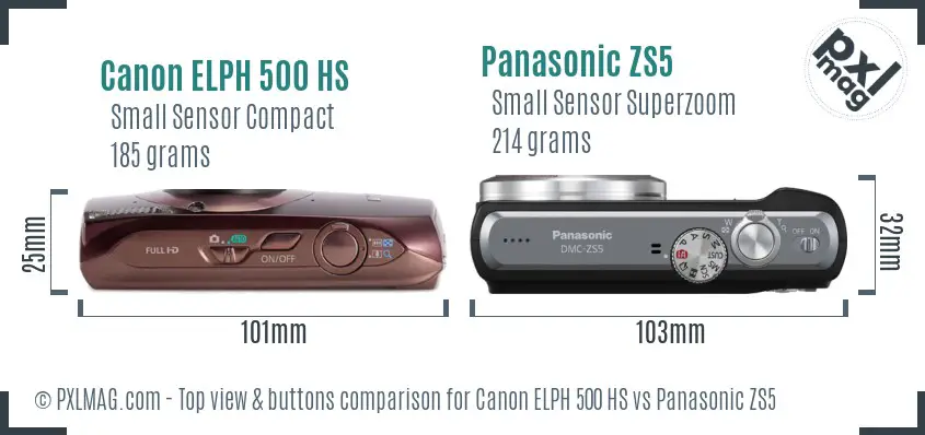 Canon ELPH 500 HS vs Panasonic ZS5 top view buttons comparison Canon ELPH 500 HS vs Panasonic ZS5 top view buttons comparison
