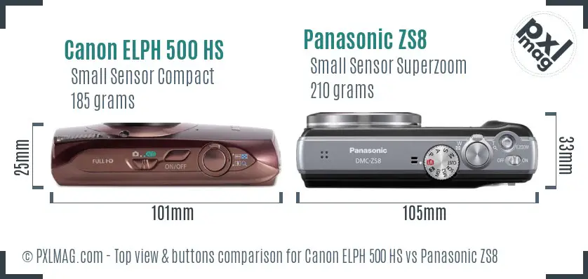 Canon ELPH 500 HS vs Panasonic ZS8 top view buttons comparison Canon ELPH 500 HS vs Panasonic ZS8 top view buttons comparison