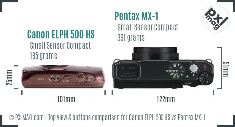 Canon ELPH 500 HS vs Pentax MX-1 top view buttons comparison