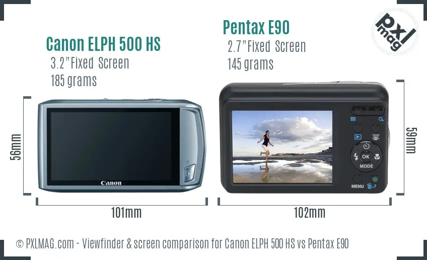 Canon ELPH 500 HS vs Pentax E90 Screen and Viewfinder comparison