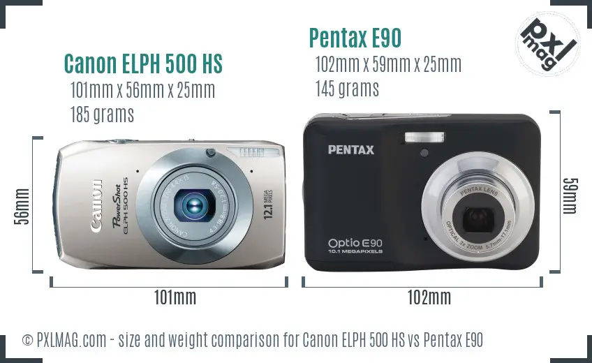Canon ELPH 500 HS vs Pentax E90 size comparison