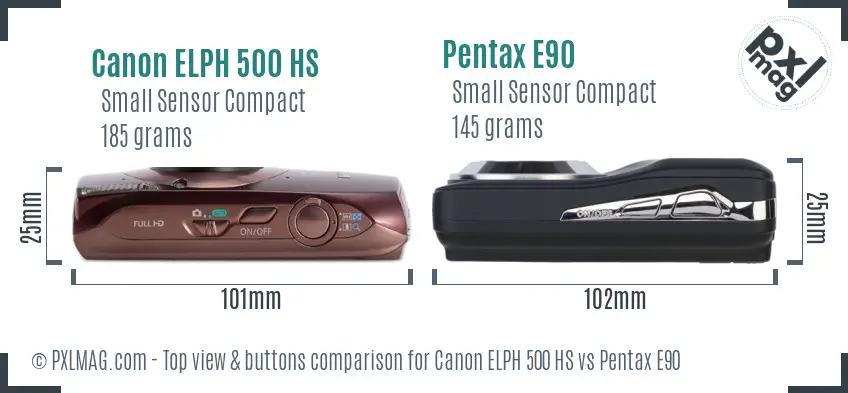 Canon ELPH 500 HS vs Pentax E90 top view buttons comparison