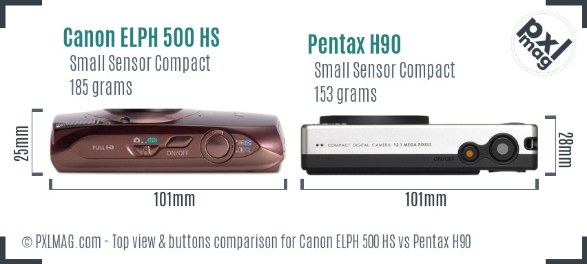 Canon ELPH 500 HS vs Pentax H90 top view buttons comparison