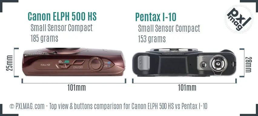 Canon ELPH 500 HS vs Pentax I-10 top view buttons comparison