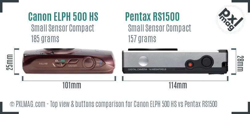 Canon ELPH 500 HS vs Pentax RS1500 top view buttons comparison