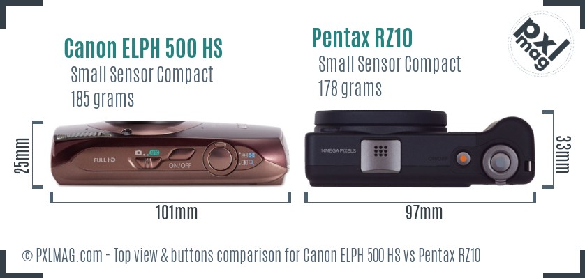 Canon ELPH 500 HS vs Pentax RZ10 top view buttons comparison