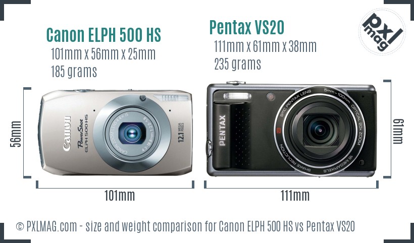 Canon ELPH 500 HS vs Pentax VS20 size comparison