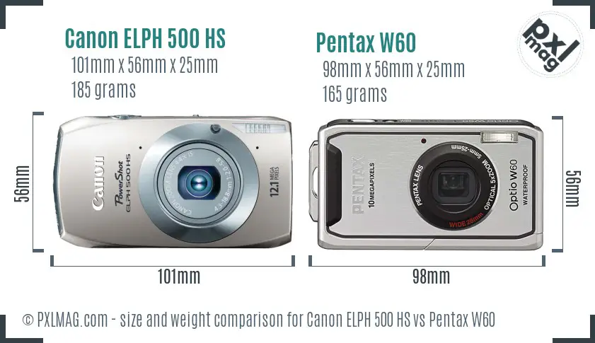 Canon ELPH 500 HS vs Pentax W60 size comparison