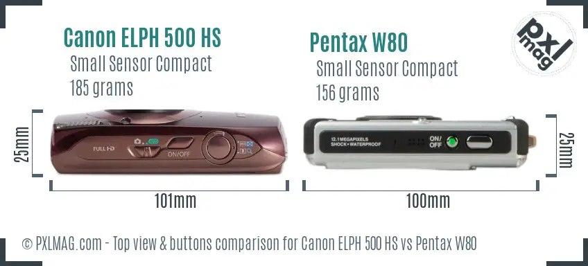 Canon ELPH 500 HS vs Pentax W80 top view buttons comparison Canon ELPH 500 HS vs Pentax W80 top view buttons comparison