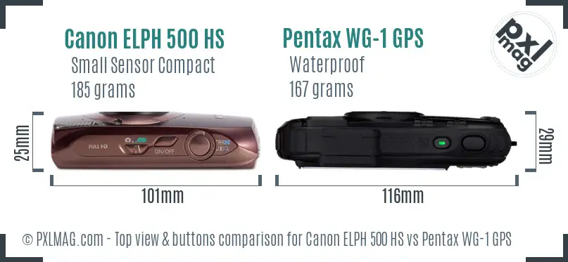 Canon ELPH 500 HS vs Pentax WG-1 GPS top view buttons comparison Canon ELPH 500 HS vs Pentax WG-1 GPS top view buttons comparison