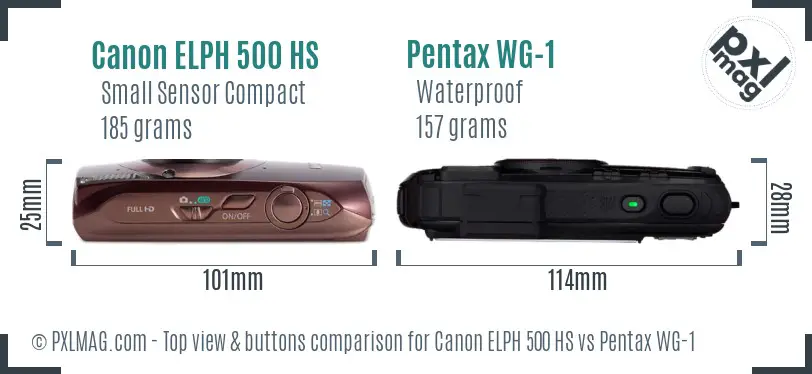 Canon ELPH 500 HS vs Pentax WG-1 top view buttons comparison