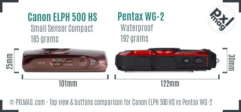 Canon ELPH 500 HS vs Pentax WG-2 top view buttons comparison