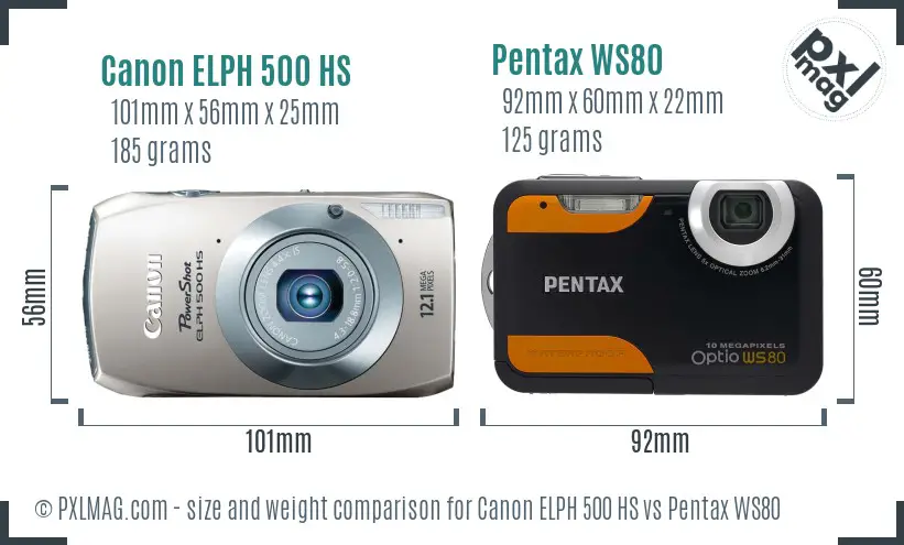 Canon ELPH 500 HS vs Pentax WS80 size comparison