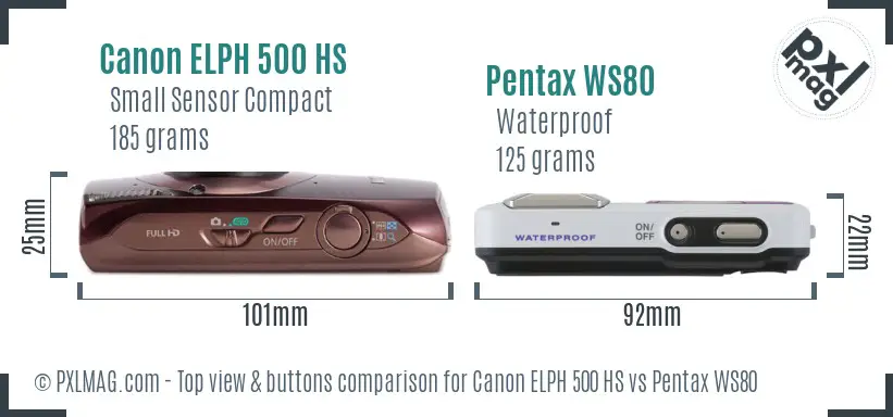 Canon ELPH 500 HS vs Pentax WS80 top view buttons comparison
