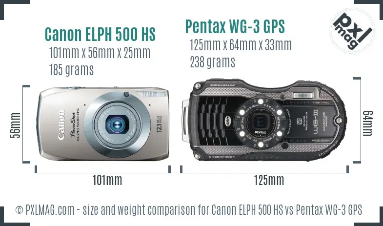 Canon ELPH 500 HS vs Pentax WG-3 GPS size comparison