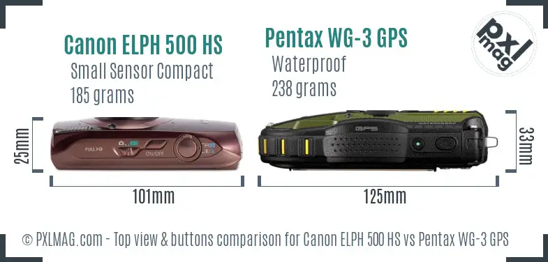 Canon ELPH 500 HS vs Pentax WG-3 GPS top view buttons comparison