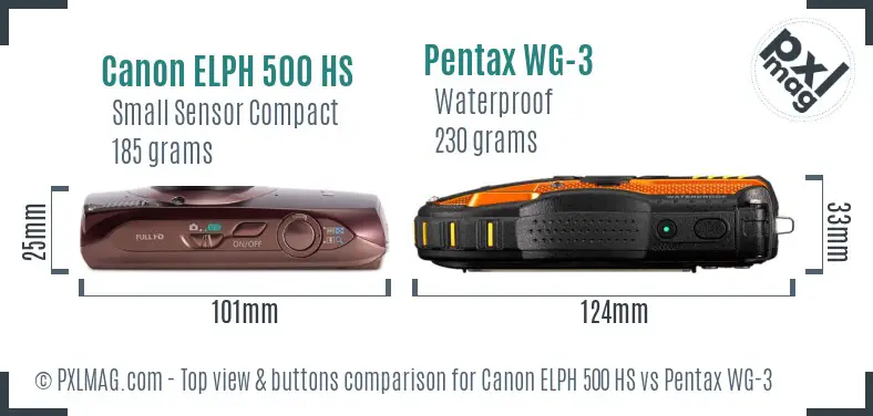 Canon ELPH 500 HS vs Pentax WG-3 top view buttons comparison