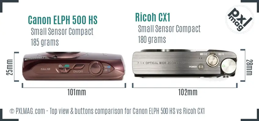 Canon ELPH 500 HS vs Ricoh CX1 top view buttons comparison