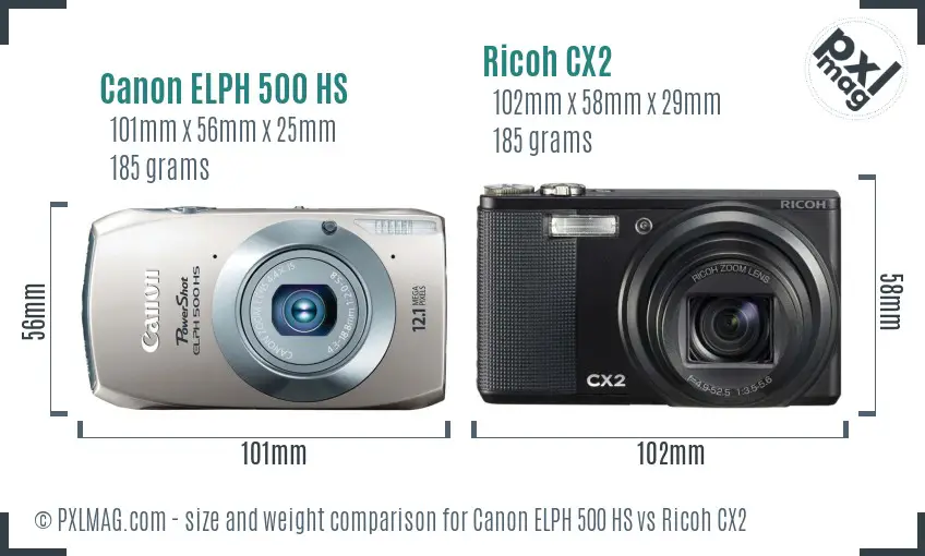 Canon ELPH 500 HS vs Ricoh CX2 size comparison