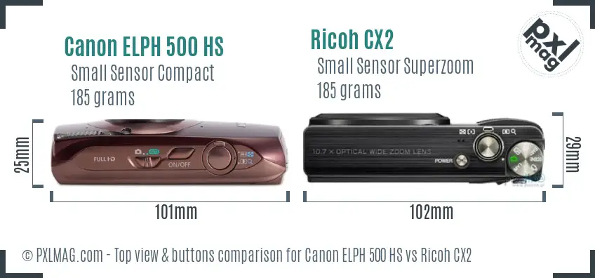 Canon ELPH 500 HS vs Ricoh CX2 top view buttons comparison