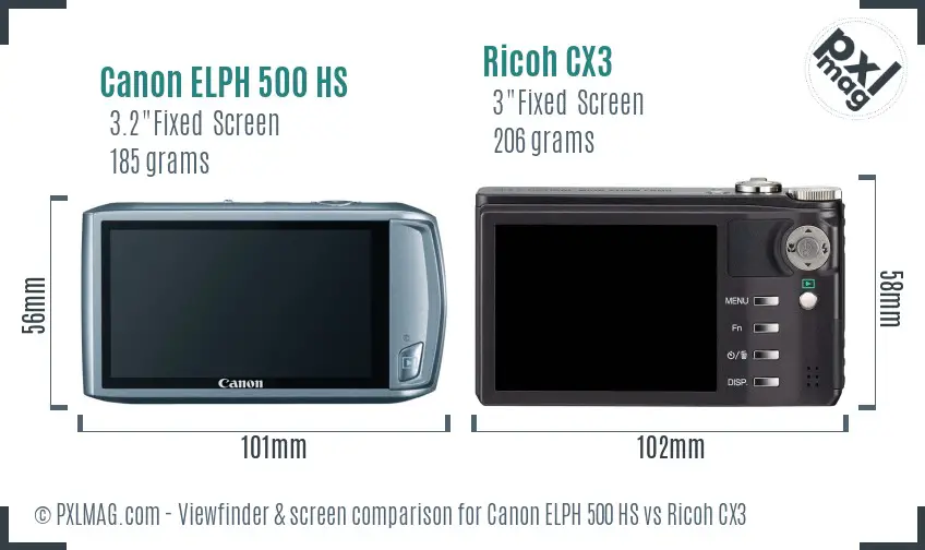 Canon ELPH 500 HS vs Ricoh CX3 Screen and Viewfinder comparison