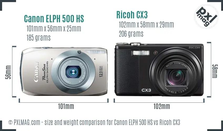 Canon ELPH 500 HS vs Ricoh CX3 size comparison