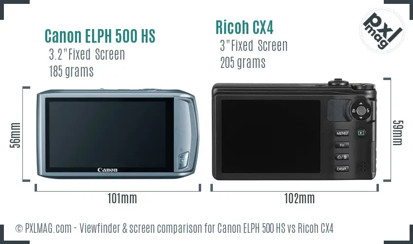 Canon ELPH 500 HS vs Ricoh CX4 Screen and Viewfinder comparison