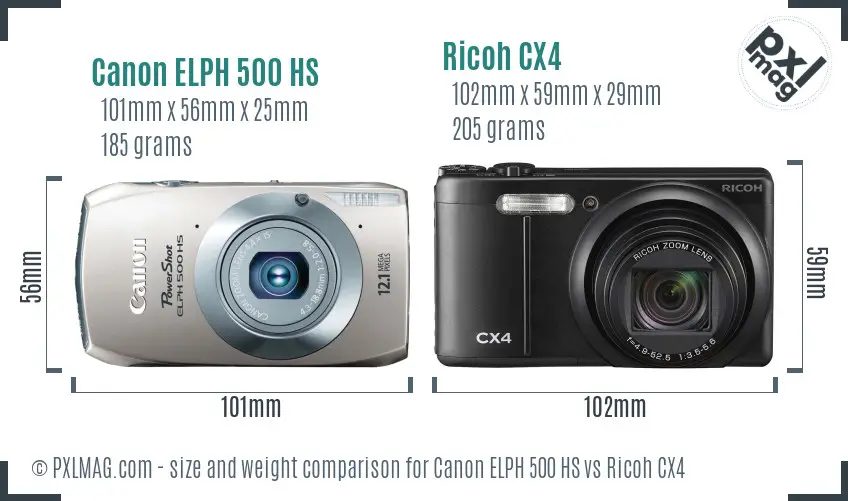 Canon ELPH 500 HS vs Ricoh CX4 size comparison