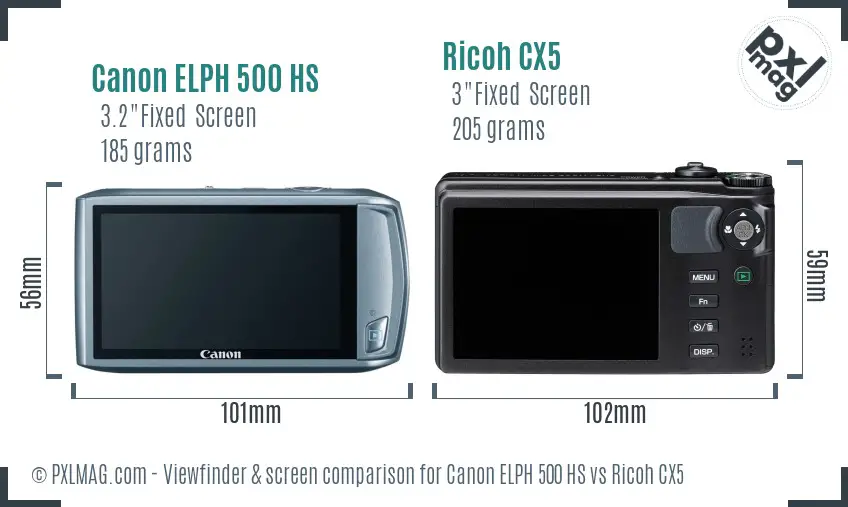Canon ELPH 500 HS vs Ricoh CX5 Screen and Viewfinder comparison