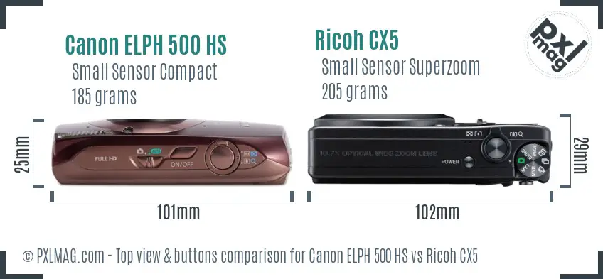 Canon ELPH 500 HS vs Ricoh CX5 top view buttons comparison