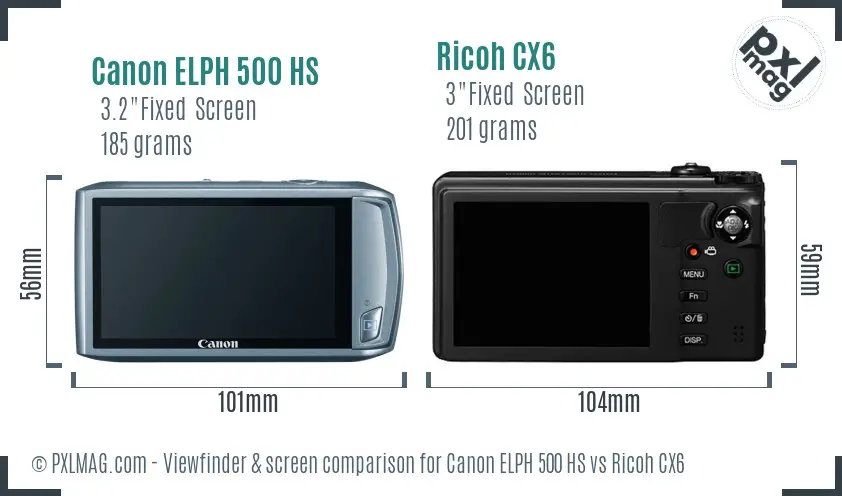 Canon ELPH 500 HS vs Ricoh CX6 Screen and Viewfinder comparison