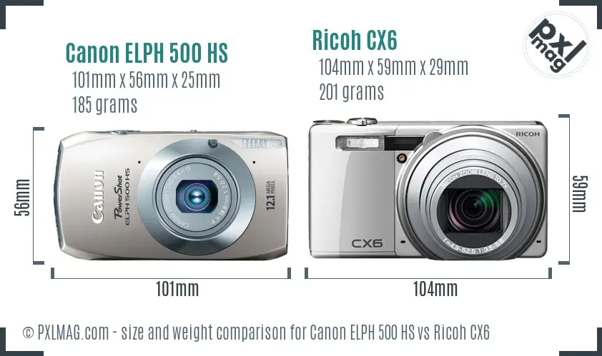 Canon ELPH 500 HS vs Ricoh CX6 size comparison