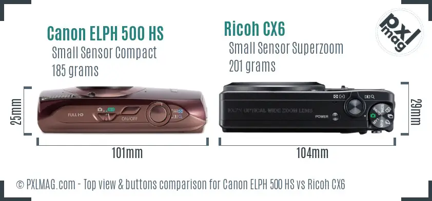 Canon ELPH 500 HS vs Ricoh CX6 top view buttons comparison