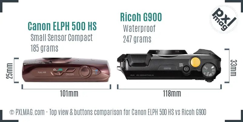 Canon ELPH 500 HS vs Ricoh G900 top view buttons comparison