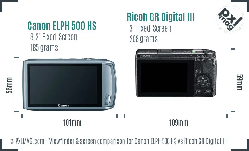 Canon ELPH 500 HS vs Ricoh GR Digital III Screen and Viewfinder comparison