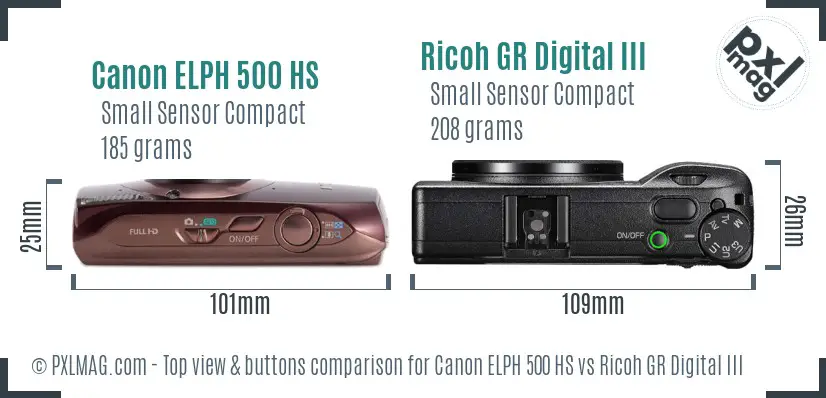 Canon ELPH 500 HS vs Ricoh GR Digital III top view buttons comparison