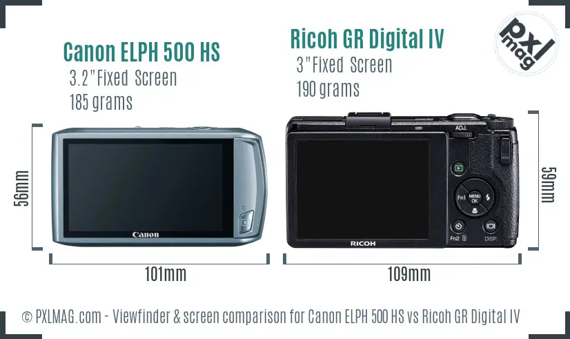 Canon ELPH 500 HS vs Ricoh GR Digital IV Screen and Viewfinder comparison