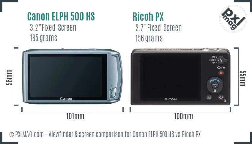 Canon ELPH 500 HS vs Ricoh PX Screen and Viewfinder comparison