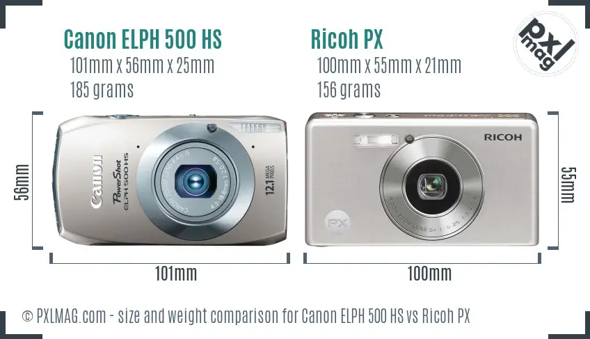 Canon ELPH 500 HS vs Ricoh PX size comparison