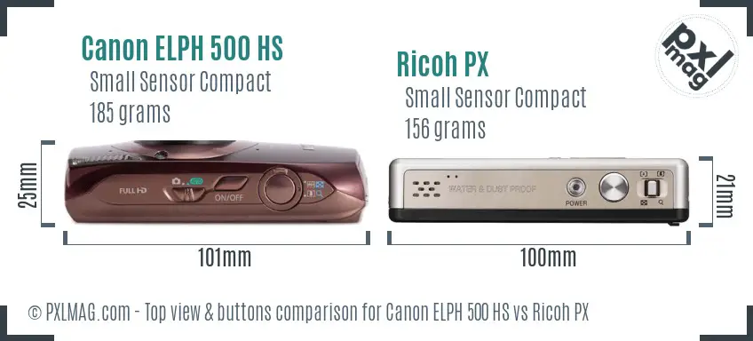 Canon ELPH 500 HS vs Ricoh PX top view buttons comparison